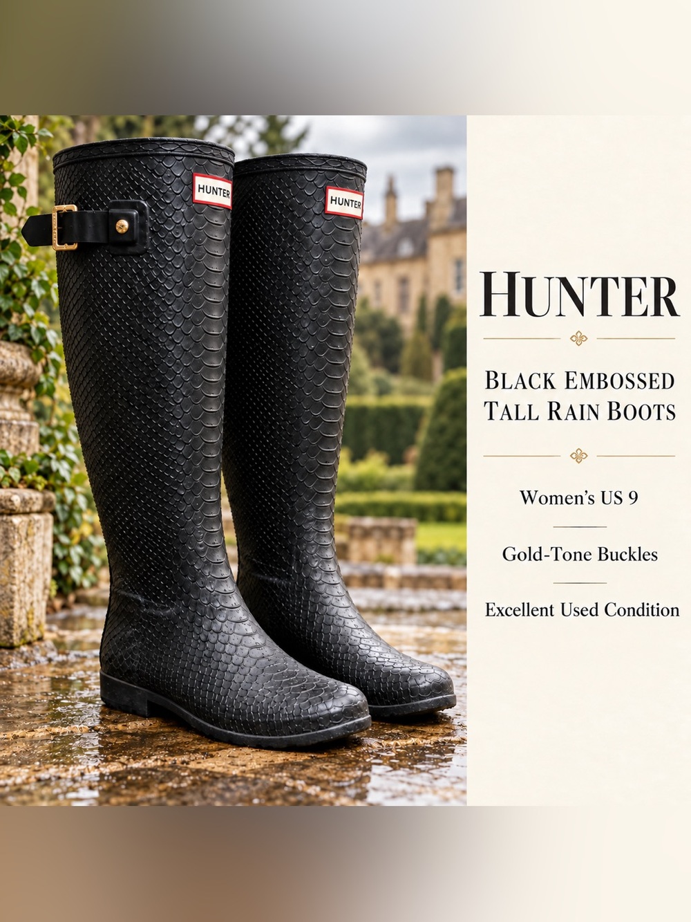 HUNTER Black Snake Embossed Tall Rain Boots Gold Buckles Women’s Size 9 EUC